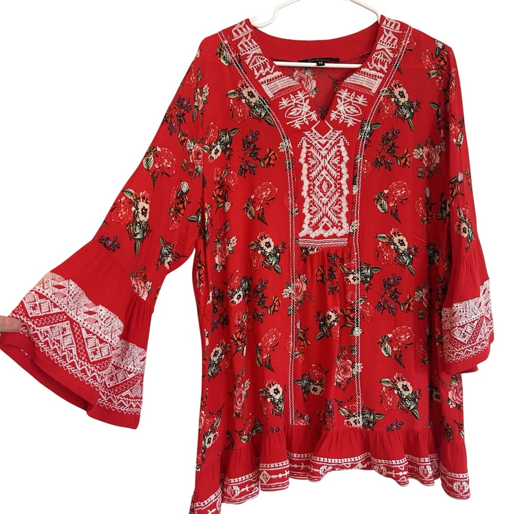 Calessa Boho Embroidered Floral Tunic Top Sz 1X Popover Hippie Artsy Bell Sleeve